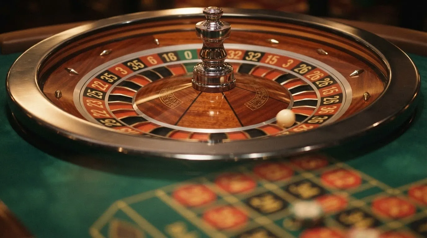 Un primo piano della ruota della roulette europea con la pallina in movimento e il panno verde del tavolo a vista