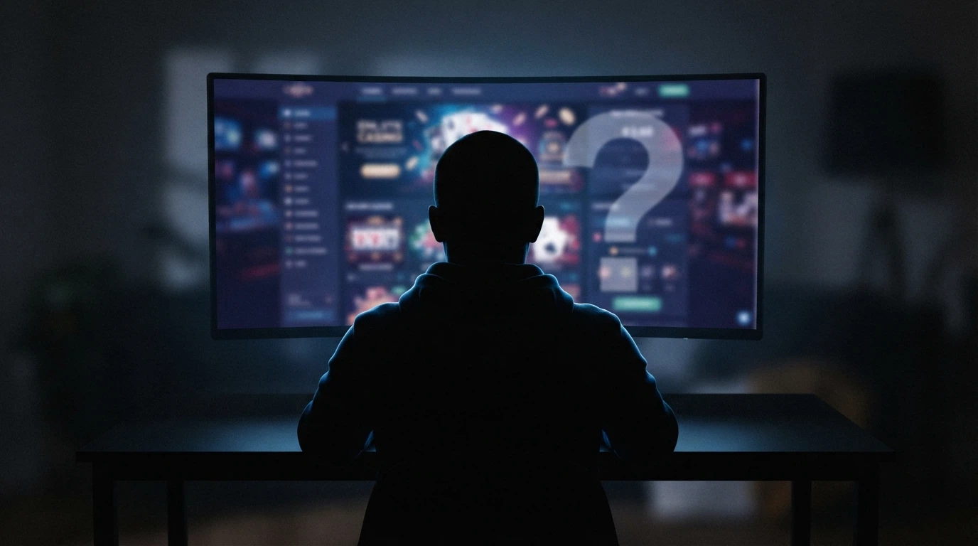 Una sagoma stilizzata senza volto davanti allo schermo di un casinò online, con la scritta «KYC?» in sovrimpressione e un punto interrogativo