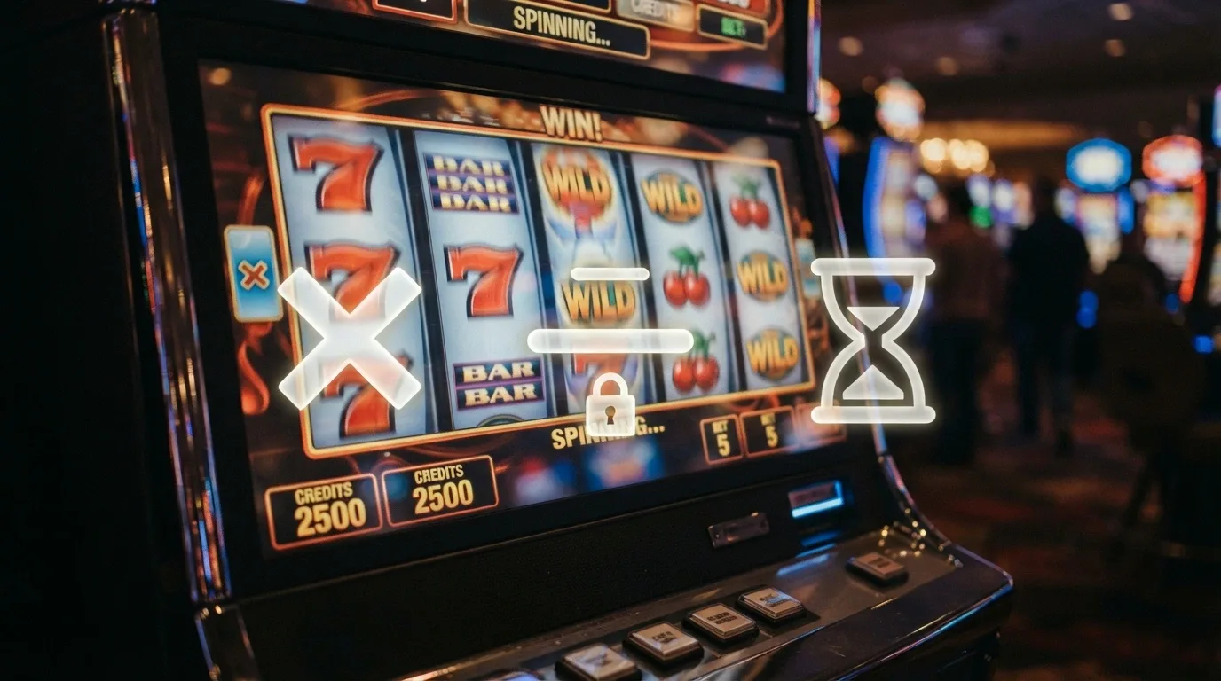 Un primo piano di una slot machine con tre indicatori sovrapposti: una moltiplicazione (wagering), un lucchetto con un tetto (cap) e una clessidra (scadenza)