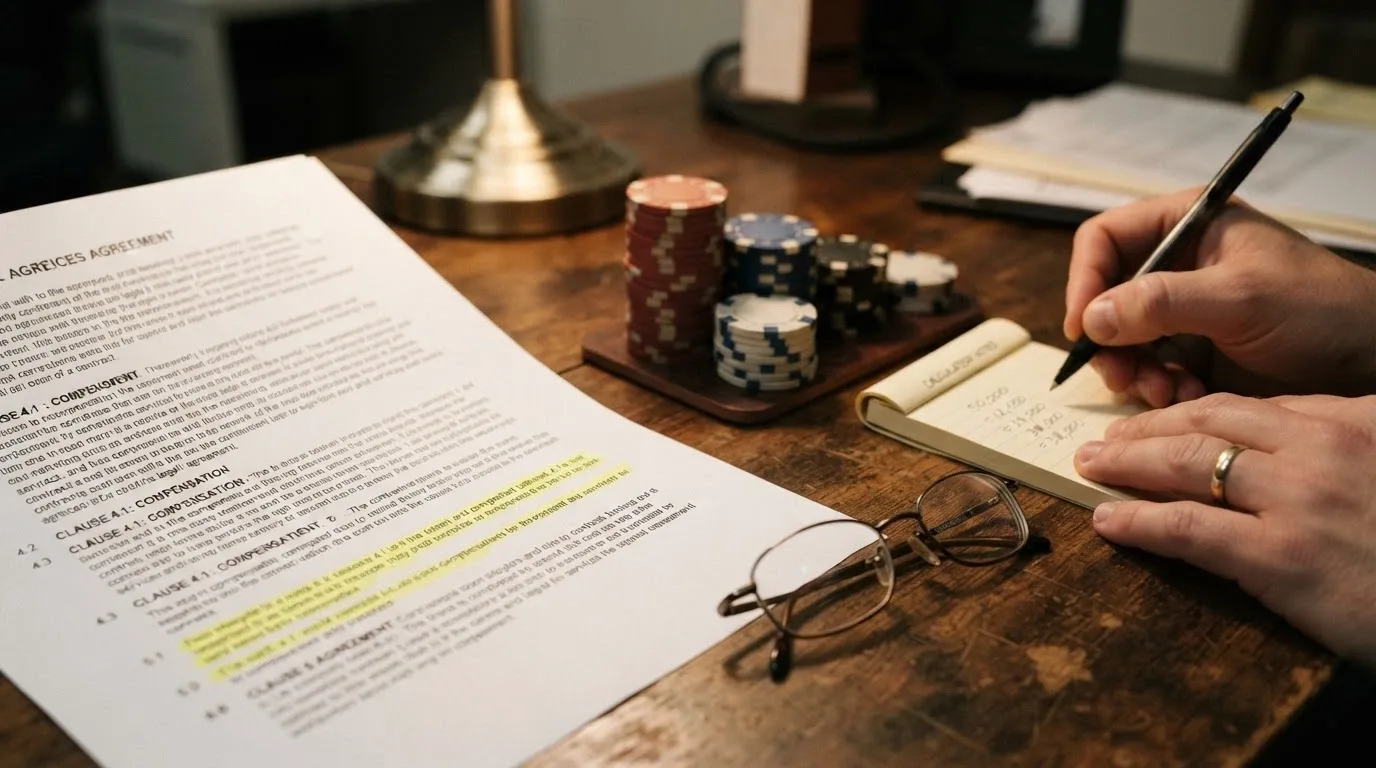 Un primo piano di un contratto con evidenziatore sulle clausole in piccolo, una calcolatrice accanto e monete impilate che diminuiscono progressivamente