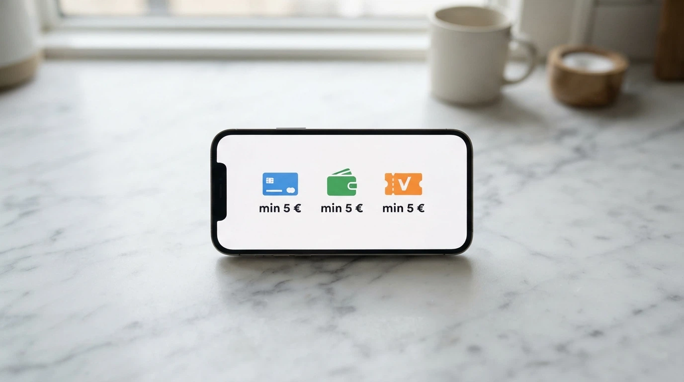 Uno smartphone con le icone di PayPal, Postepay e Skrill allineate, ciascuna con la cifra «minimo 5€» in sovrimpressione
