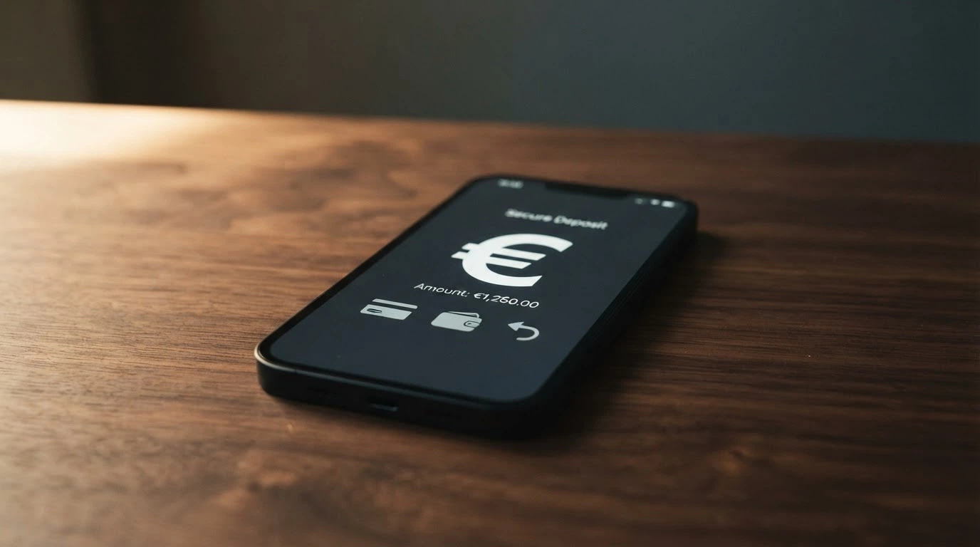Un primo piano di un iPhone con la schermata di deposito di un casinò e le icone di Apple Pay, PayPal e carta di credito