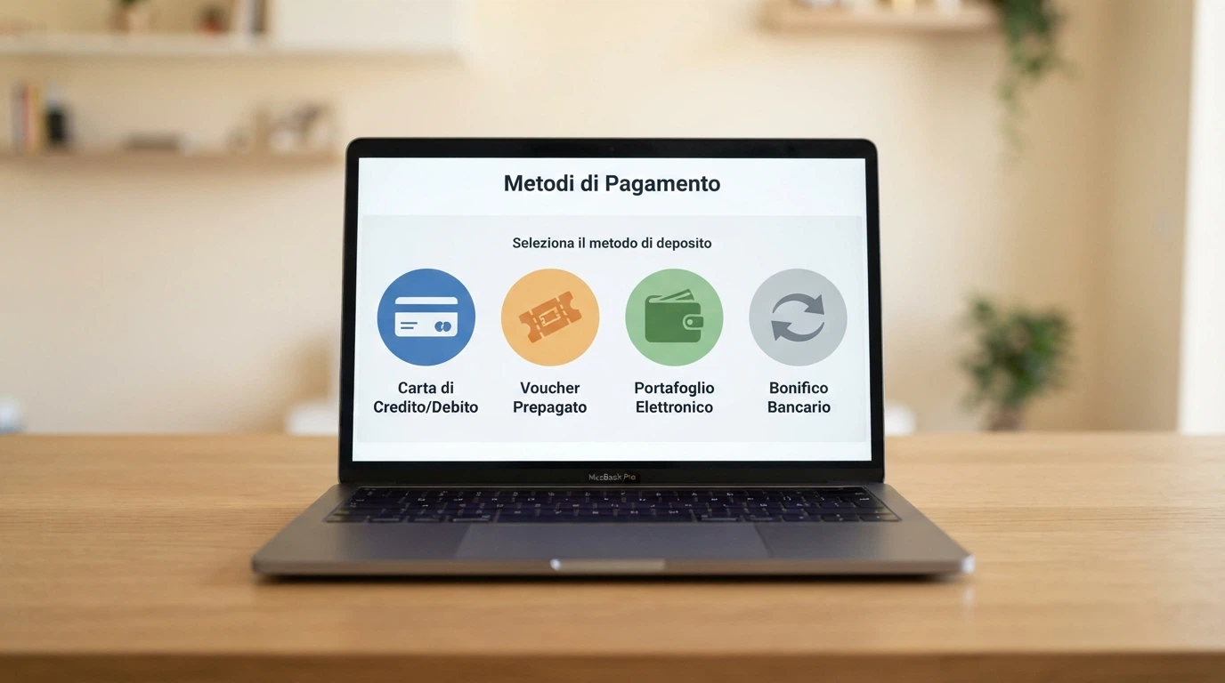 Schermata di un casinò con le icone dei metodi di pagamento: carte, PayPal, Paysafecard e bonifico