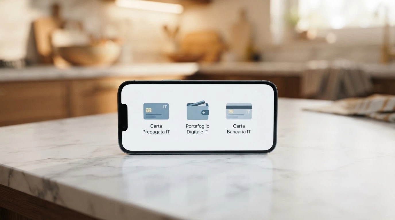 Uno smartphone con le icone di Postepay, PayPal e Skrill affiancate su sfondo neutro
