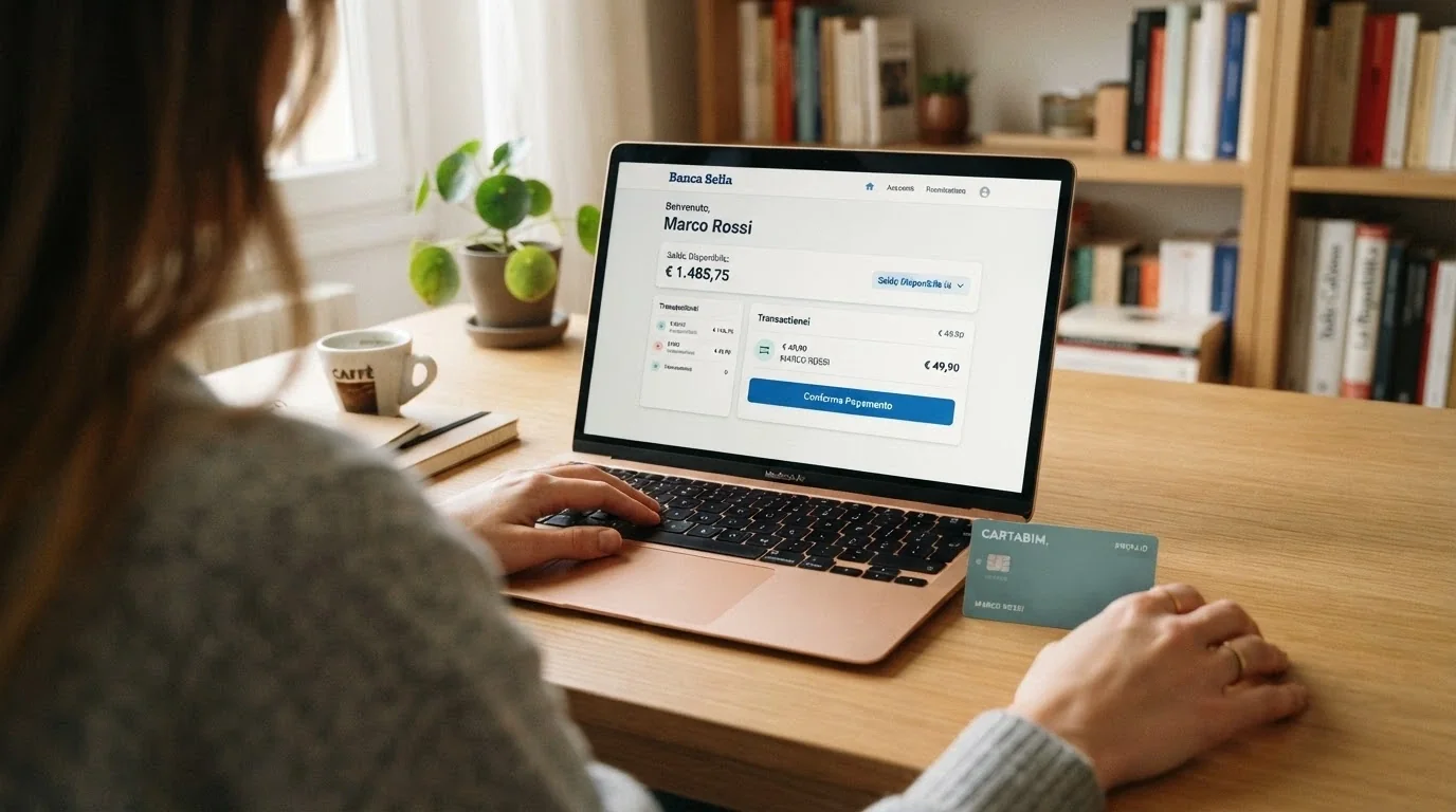 Una carta Postepay e la schermata di un home banking italiano con il logo MyBank visibile