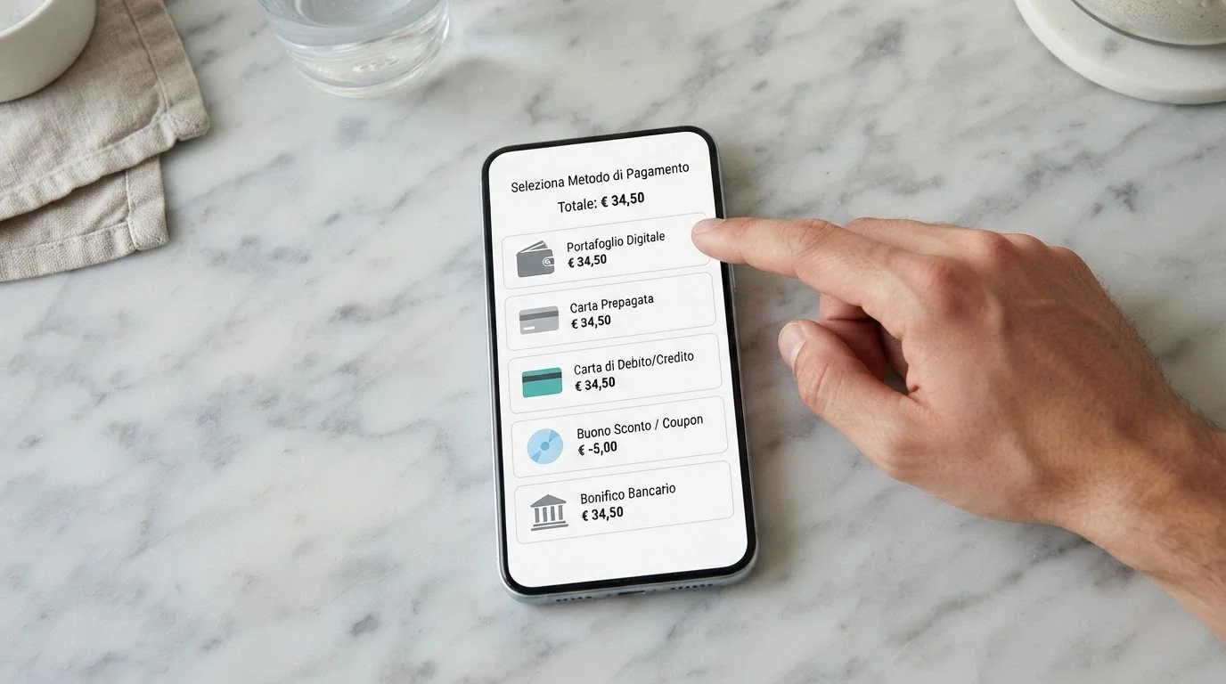 Una schermata di cassa con le icone dei principali metodi di pagamento — PayPal, Postepay, Skrill, Visa, Paysafecard — ciascuna affiancata dal proprio deposito minimo in euro