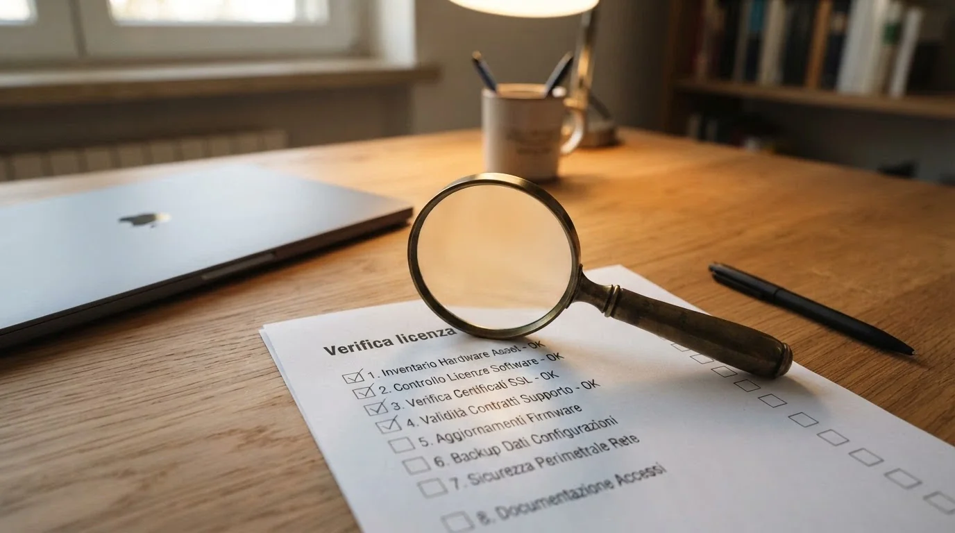 Una lente di ingrandimento su un certificato di licenza offshore con timbri e dati di registrazione, affiancata da una checklist di verifica