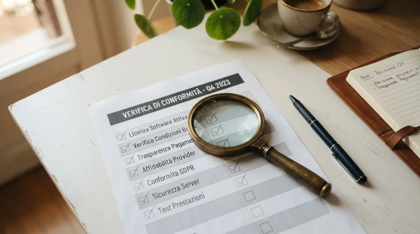 Una lente di ingrandimento posata su una checklist con voci come licenza, bonus, trasparenza e provider