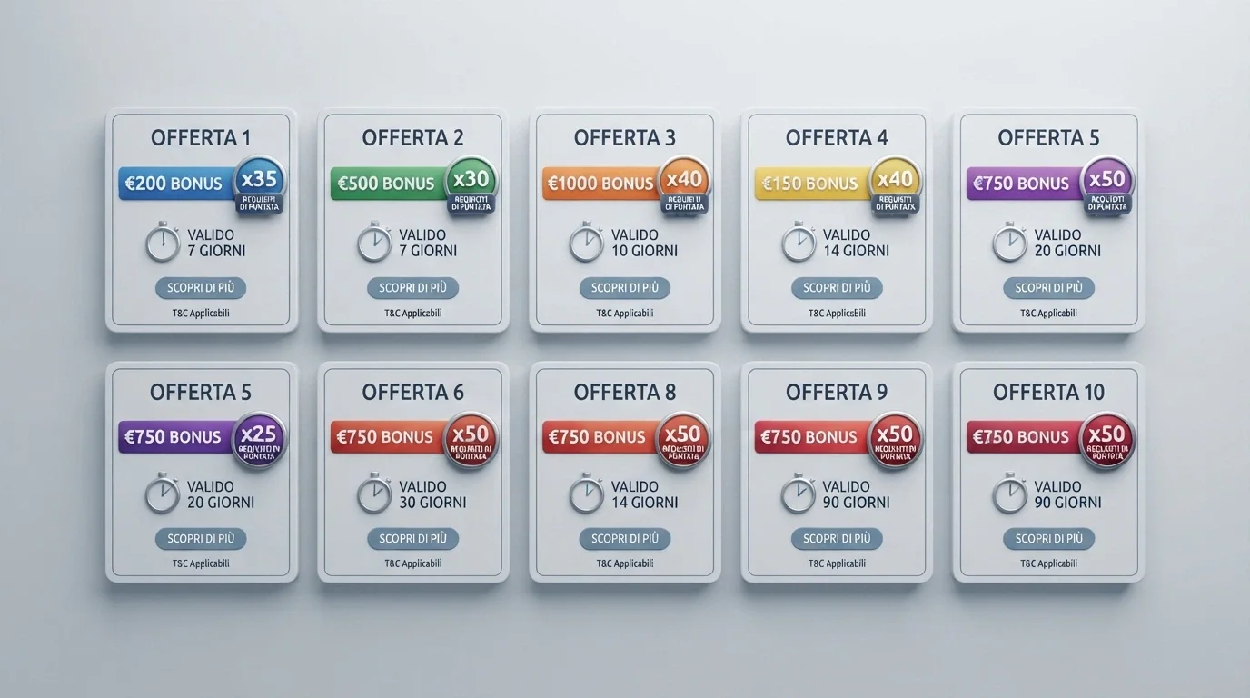 Una griglia comparativa stilizzata con loghi di casinò ADM allineati e accanto cifre chiave (importo bonus, rollover, validità)