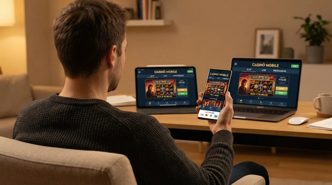 Uno smartphone in mano che mostra l'interfaccia di un casinò mobile con il logo PostePay nell'angolo dei metodi di pagamento, con lo stesso casinò aperto su un tablet e un laptop sullo sfondo
