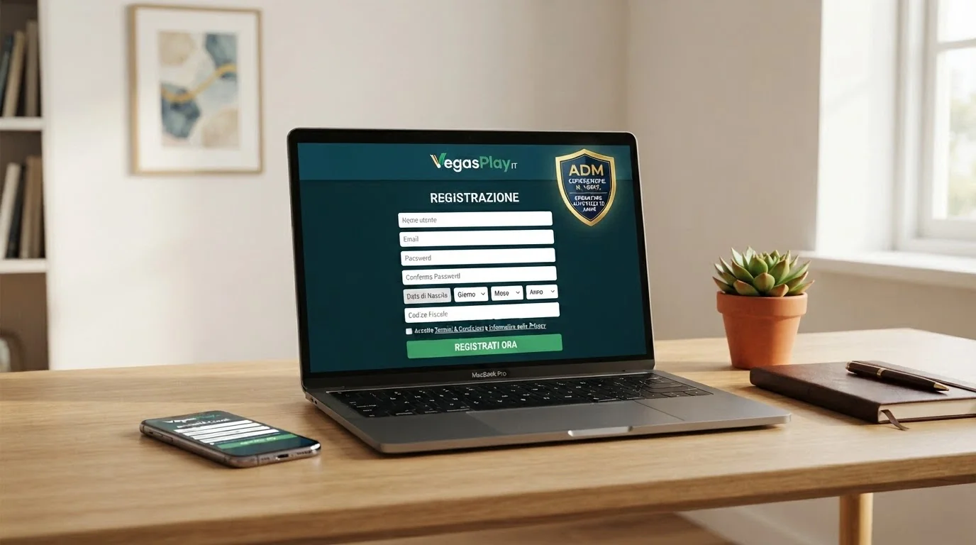 L'interfaccia moderna di un casinò di nuova concessione ADM, con il logo della licenza in evidenza e la schermata di registrazione