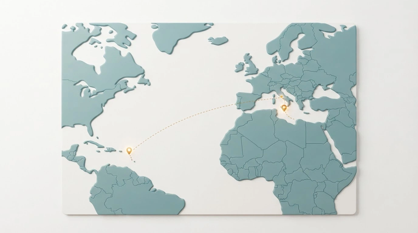 Una mappa stilizzata dell'Europa e dei Caraibi con puntatori su Malta e Curaçao, collegati da linee tratteggiate all'Italia