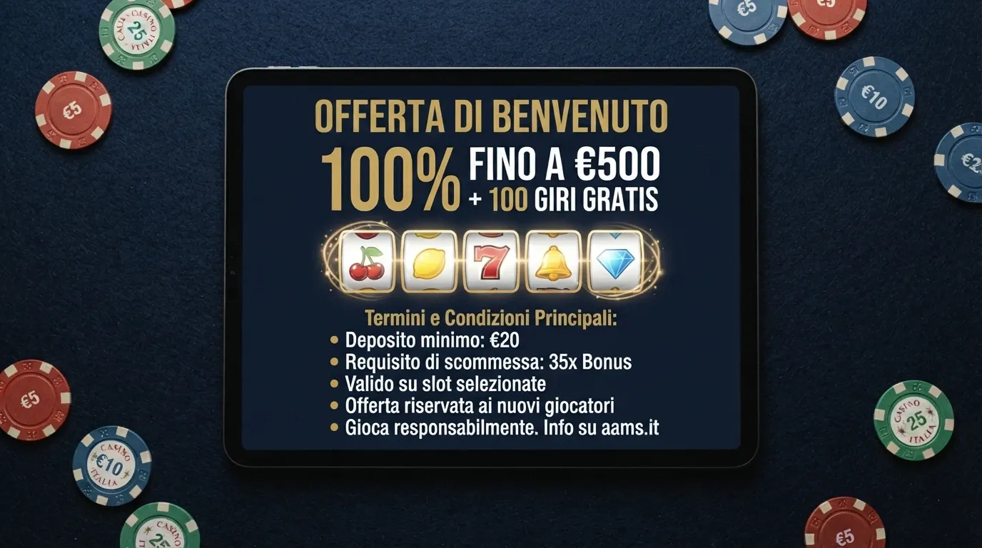Vetrina promozionale di un casinò online ADM con l'offerta di benvenuto in evidenza: percentuale di match, numero di giri gratis e condizioni in caratteri leggibili
