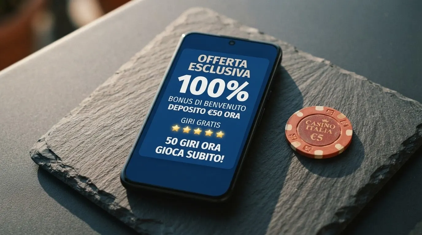Schermata promozionale di un bonus di benvenuto con percentuale, massimale e giri gratuiti