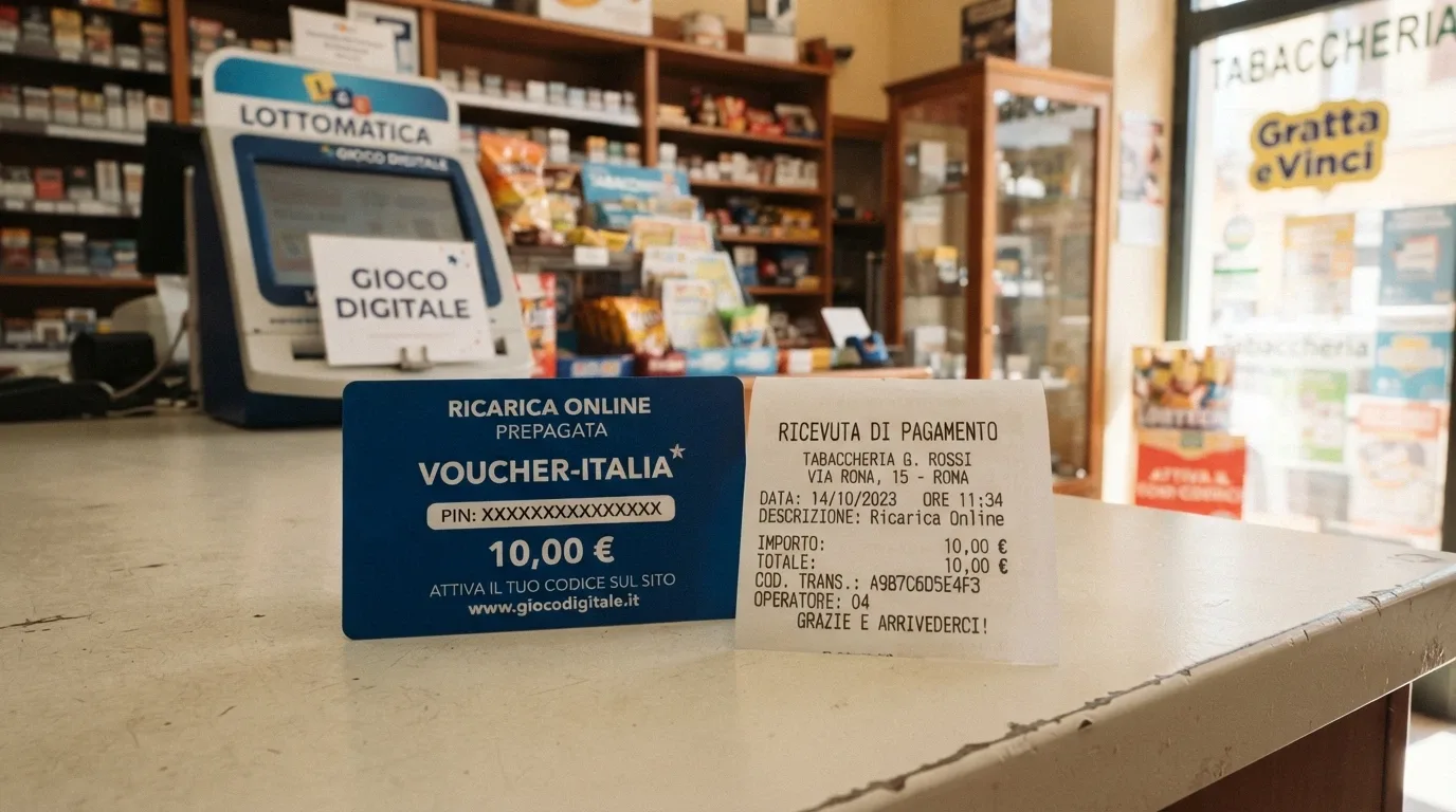 Una carta Paysafecard posata accanto a uno scontrino di un punto vendita con il logo Sisal visibile