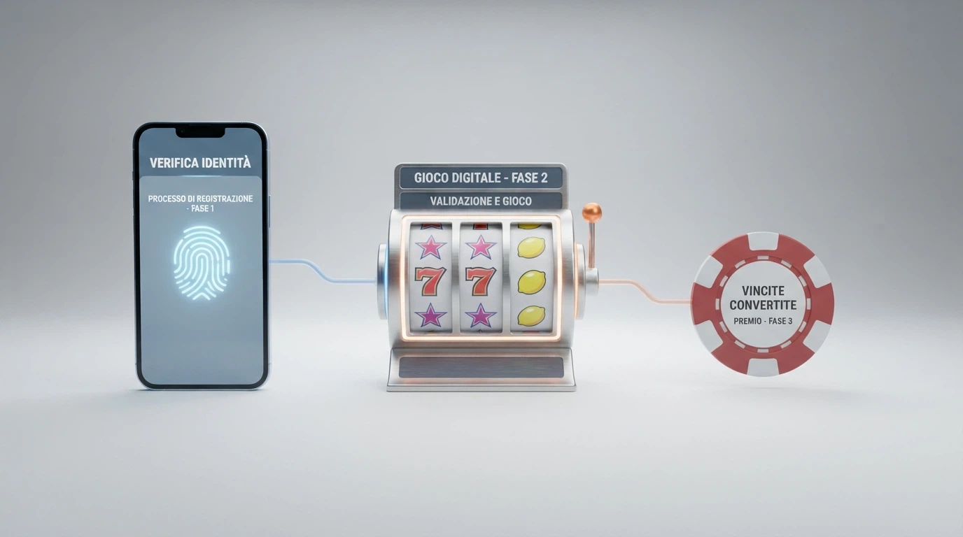 Diagramma a tre passaggi che illustra il percorso di un giro gratis senza deposito: registrazione con SPID, accredito dei giri sulla slot, conversione delle vincite in Bonus Reale