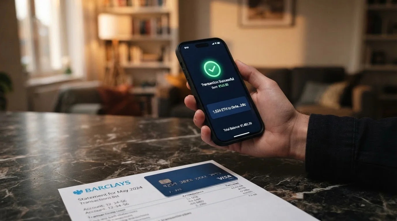 Uno smartphone che mostra un wallet di criptovalute con una transazione in corso, accanto a carte di credito e un estratto conto bancario