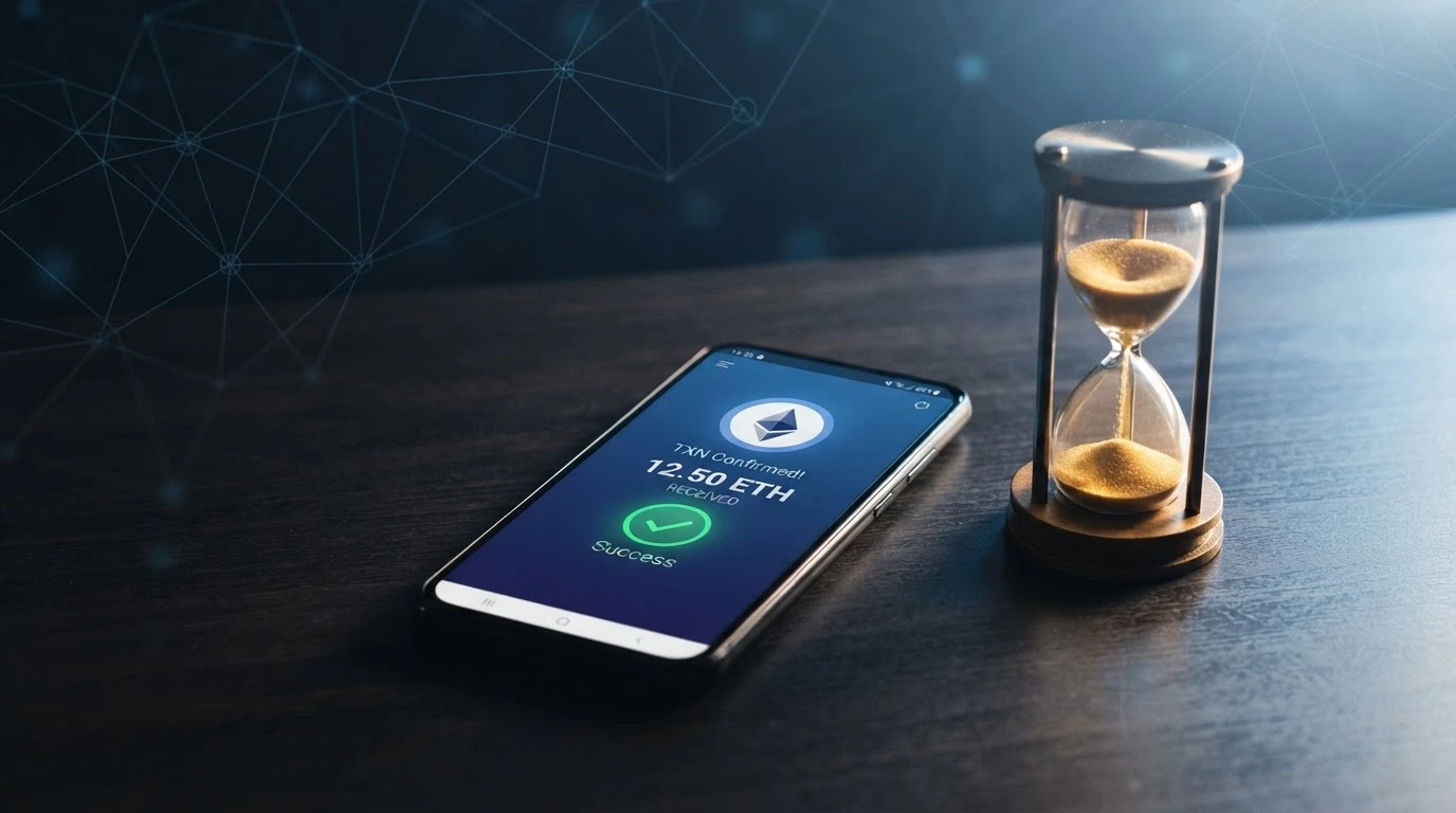 Uno smartphone che mostra un wallet crypto accanto a una clessidra con sabbia DOGE-colorata, su uno sfondo di codici blockchain