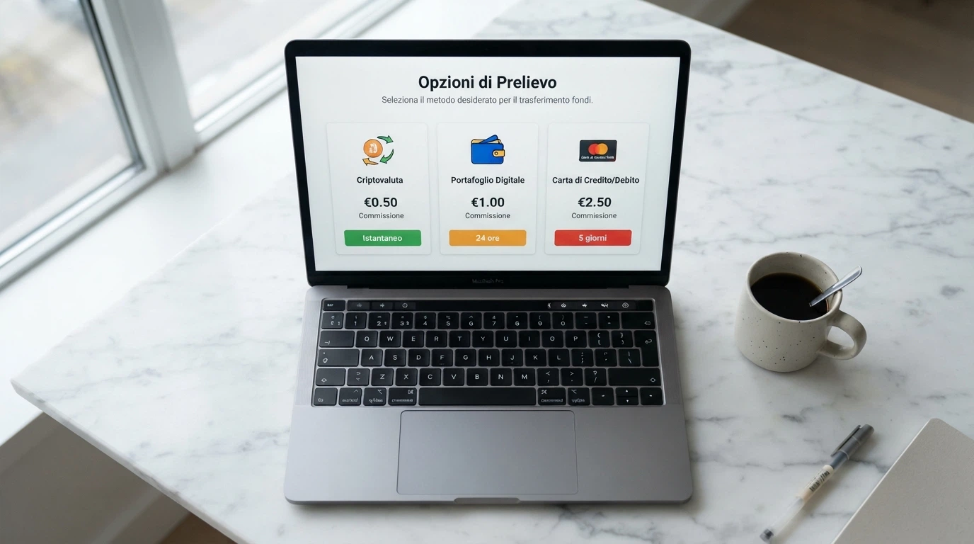 Schermata di prelievo con opzioni crypto, e-wallet e carte di credito affiancate