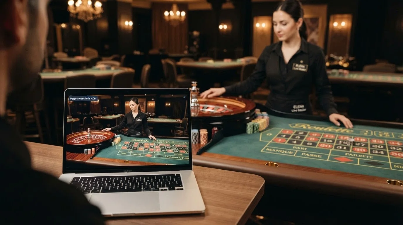 Un tavolo da live casino con dealer inquadrato di spalle, sovrapposto a un'interfaccia utente che mostra un badge «Regime transitorio ADM»