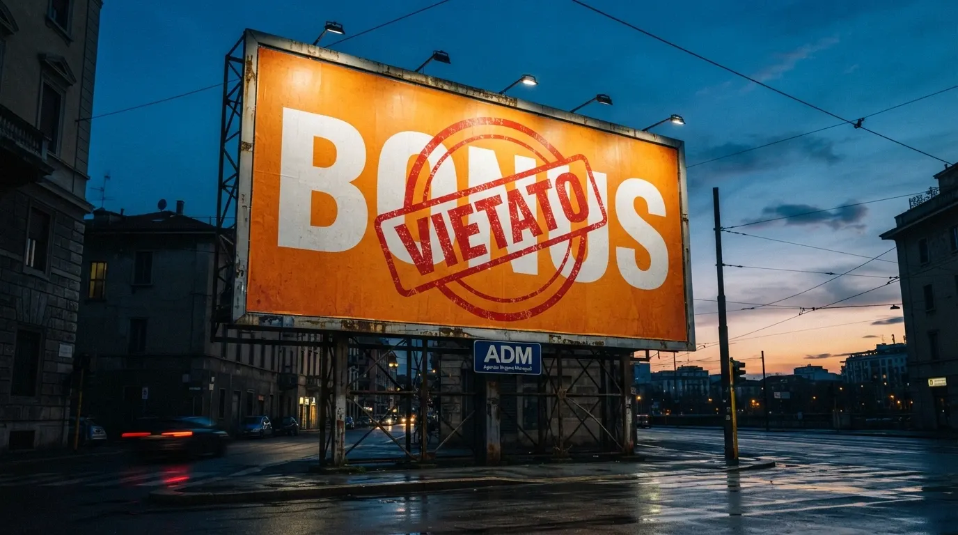 Un cartellone pubblicitario con la scritta «BONUS» in grande, segnato da un timbro rosso «VIETATO» e il logo ADM in basso