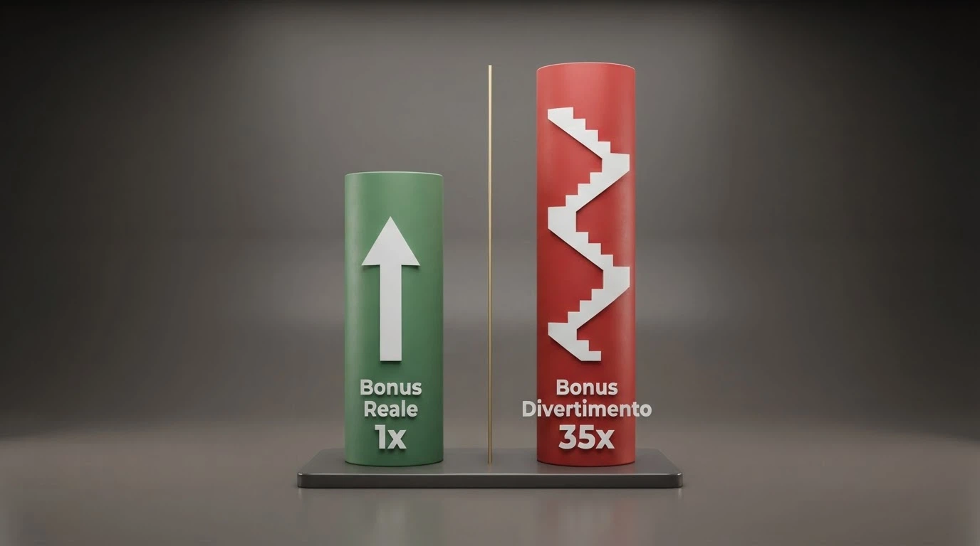 Due colonne affiancate: a sinistra la colonna Real Bonus con percorso diretto verso il prelievo, a destra la colonna Fun Bonus con un percorso a ostacoli che rappresenta il wagering 35x