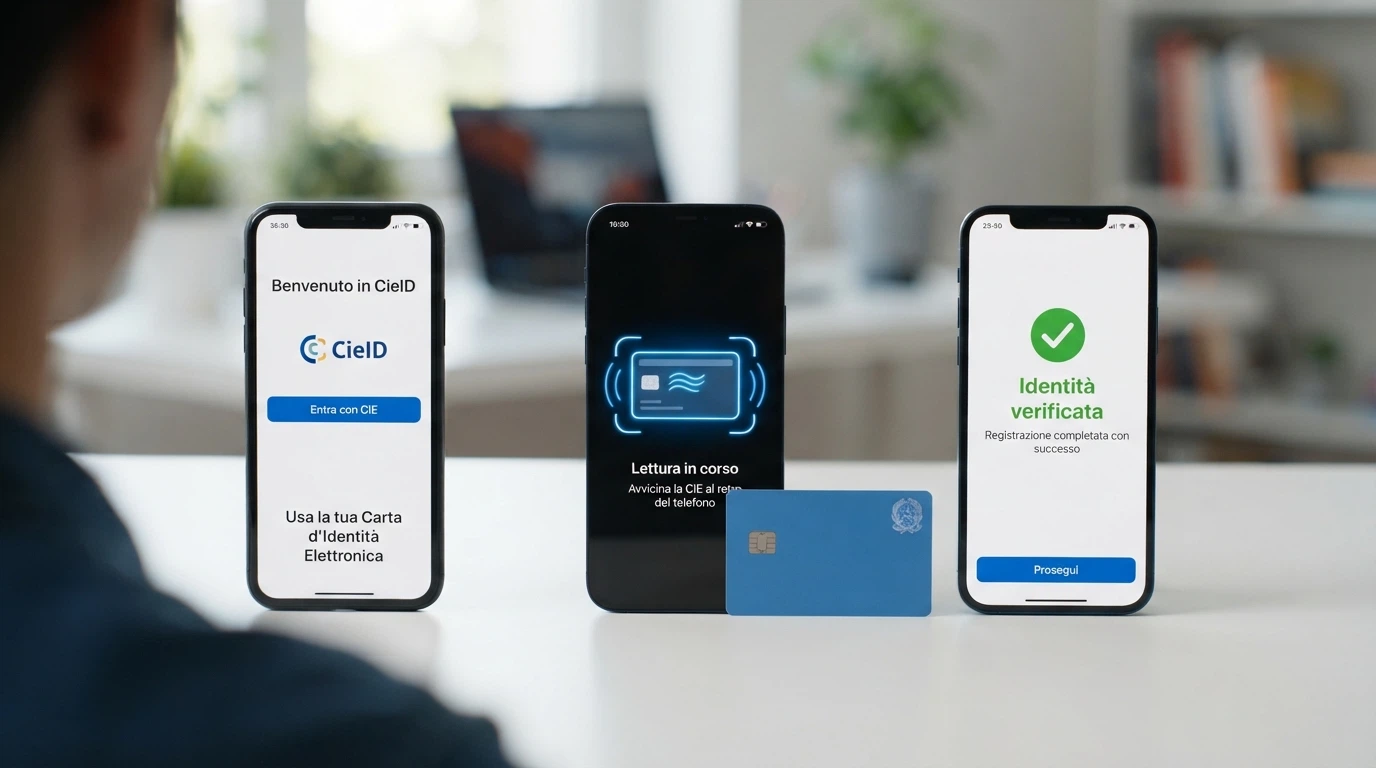 La sequenza di tre schermate di un casinò italiano: selezione «Entra con CIE», scansione NFC in corso, conferma dell'identità completata