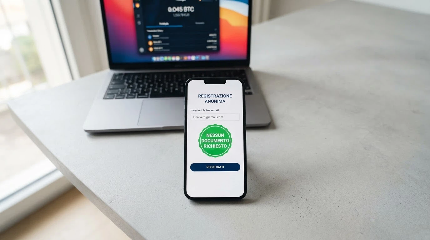 Una schermata di registrazione di un casinò online con il campo email compilato e un badge «Nessun documento richiesto» in evidenza, wallet crypto visibile in secondo piano