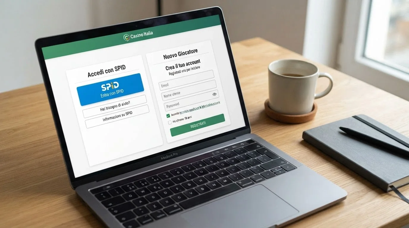 Schermata di accesso a un casinò online italiano con le due opzioni visibili: pulsante «Entra con SPID» e modulo di registrazione classica con campi da compilare