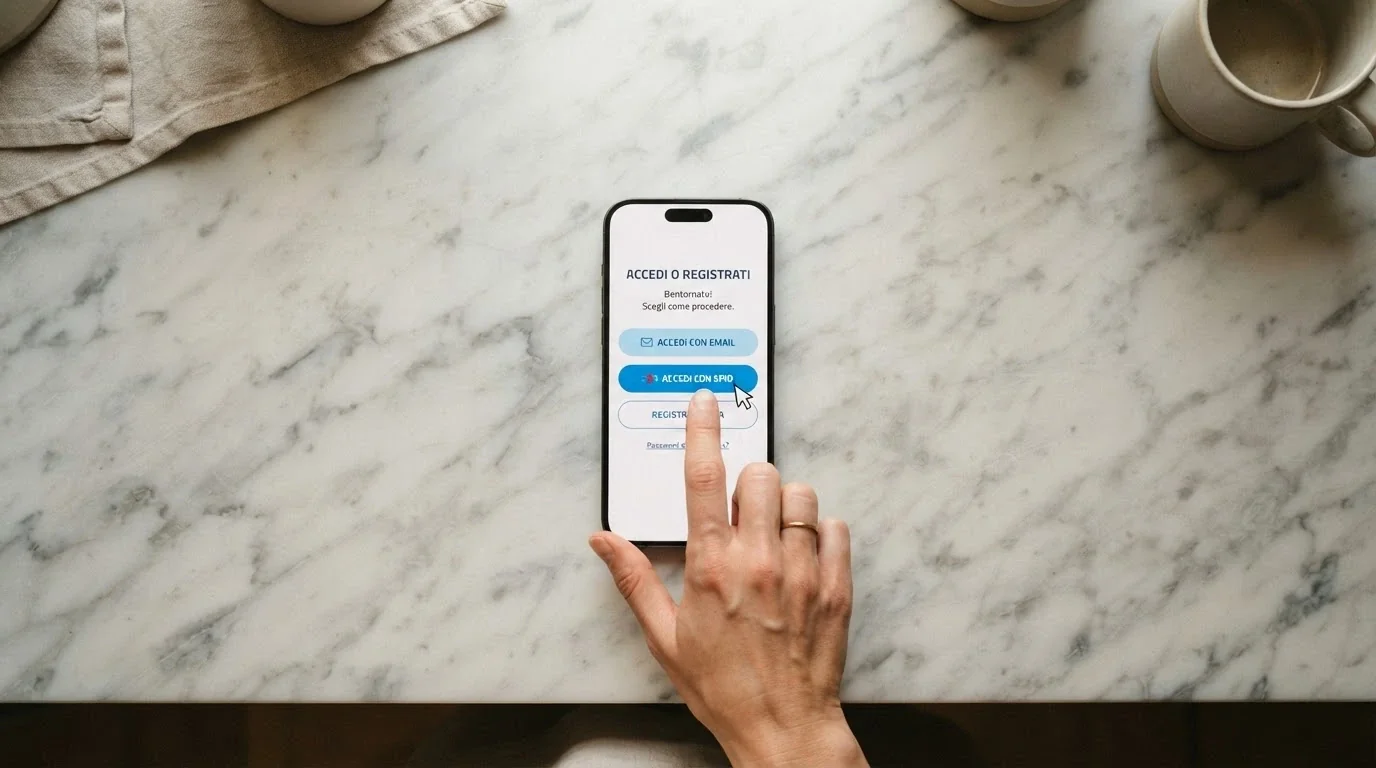 Una schermata di login SPID su un portale di casino con i tre pulsanti dei provider di identità digitale (Poste, Aruba, Infocert) e un cursore che seleziona «Entra con SPID»