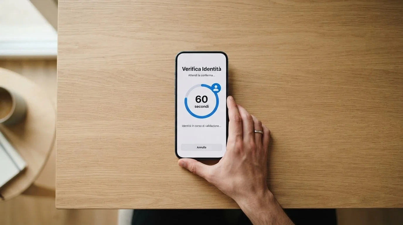 Uno smartphone che mostra la schermata di registrazione a un casino ADM con il timer «60 secondi» e il logo SPID