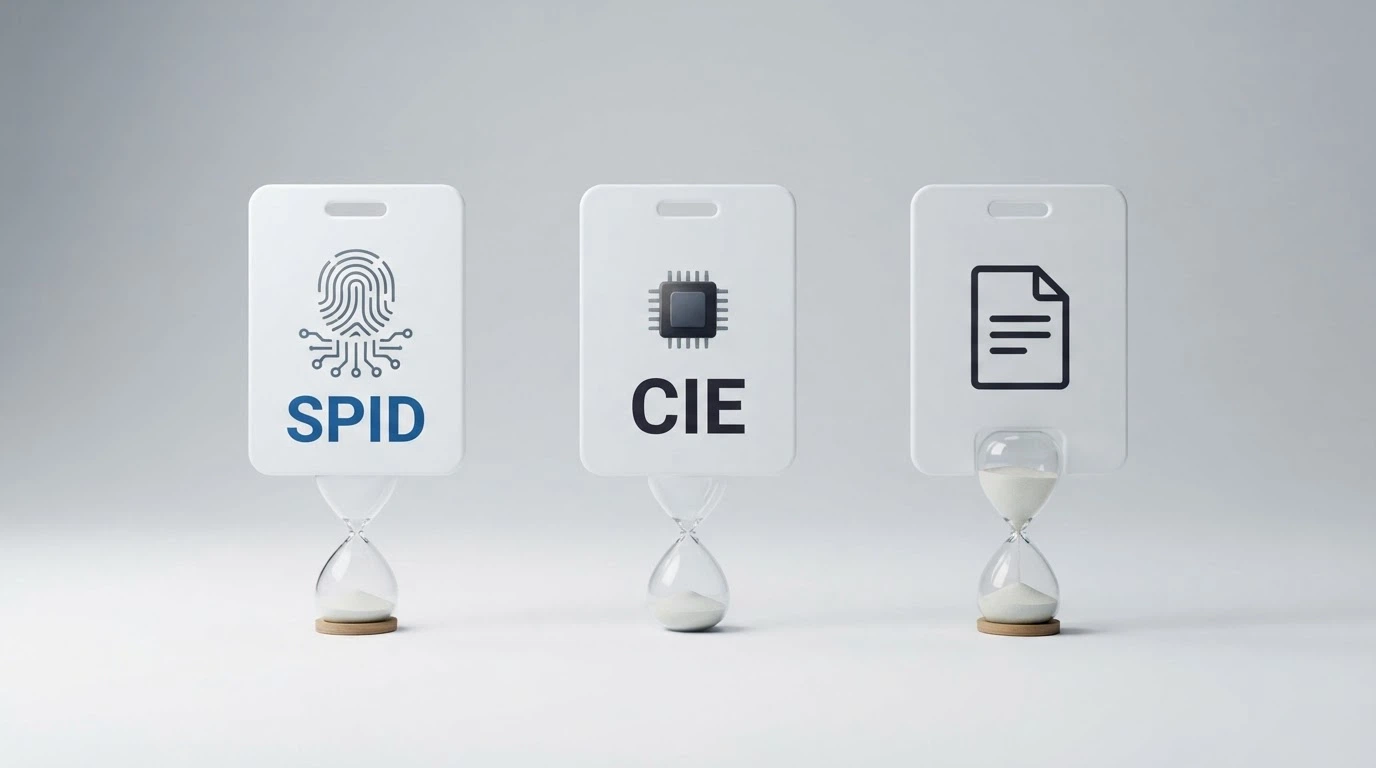 Tre badge d'identità affiancati — SPID, CIE e un documento cartaceo — con una clessidra sotto ciascuno che segna tempi diversi