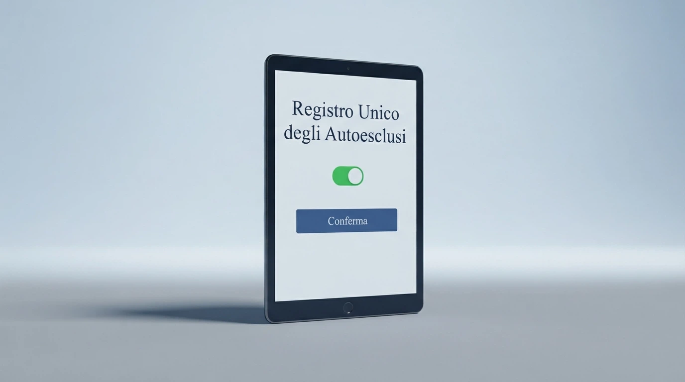 L'interfaccia di un portale digitale istituzionale italiano con la scritta «Registro Unico degli Autoesclusi» e un'interruttore virtuale in posizione attiva