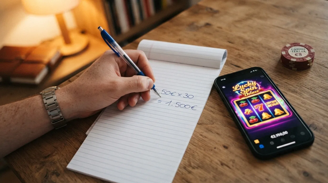 Una calcolatrice accanto a una slot machine, con un foglio che mostra il calcolo: «Vincita 50€ × Wagering 30x = 1.500€ di turnover richiesto»