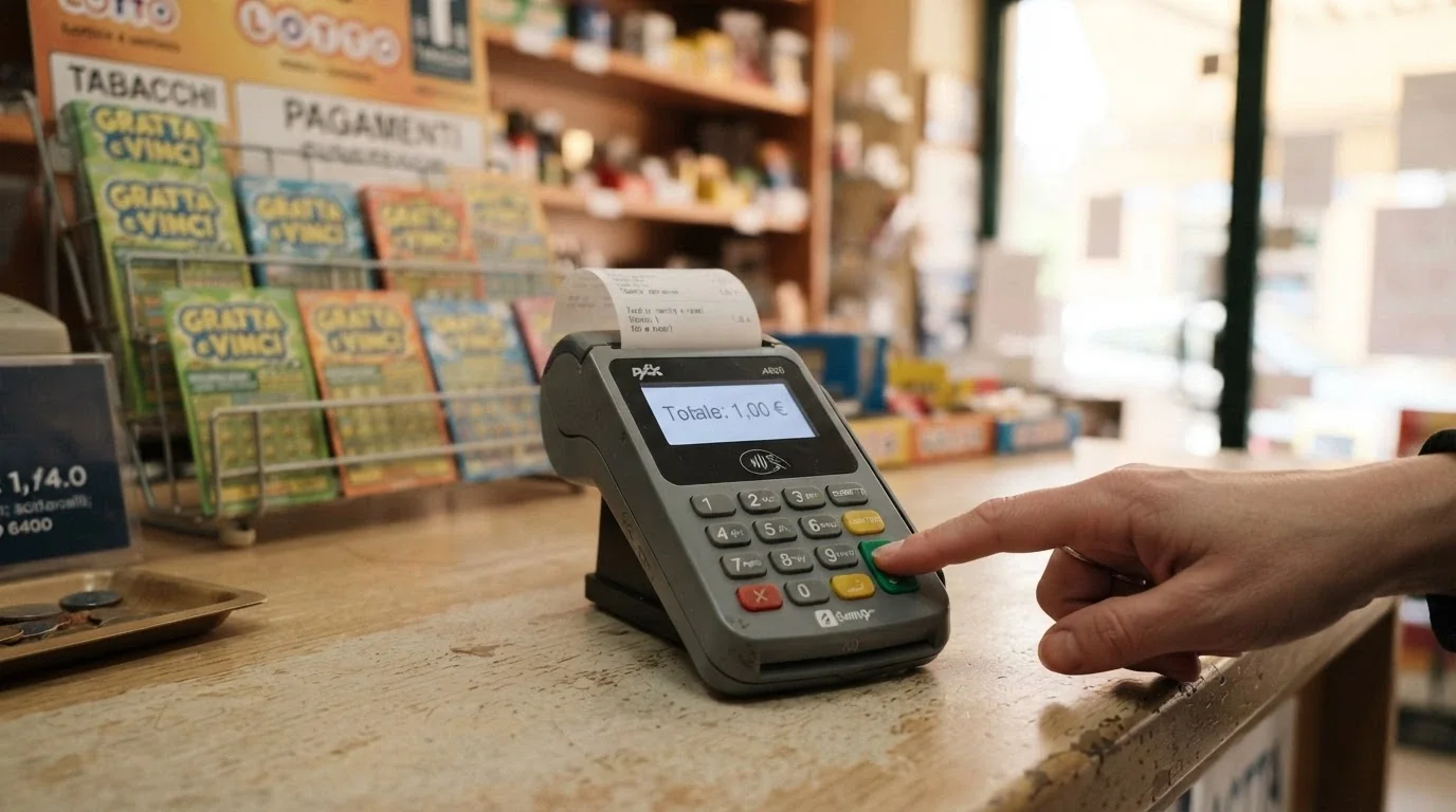 Il terminale di un punto vendita autorizzato con il logo Sisal e una ricevuta di ricarica da 1 euro per il conto gioco