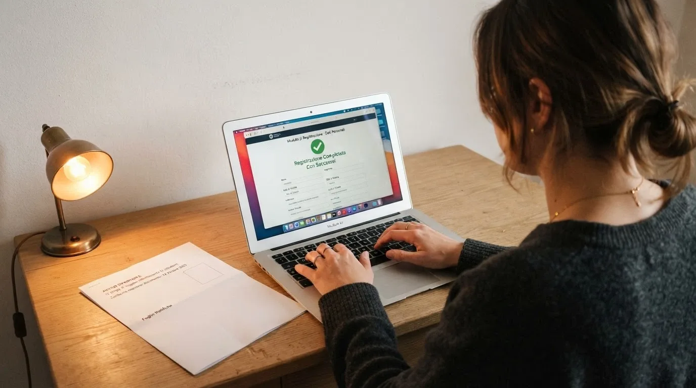 Una mano che digita su un laptop con una carta d'identità e lo schermo di un'area riservata di un casinò in italiano