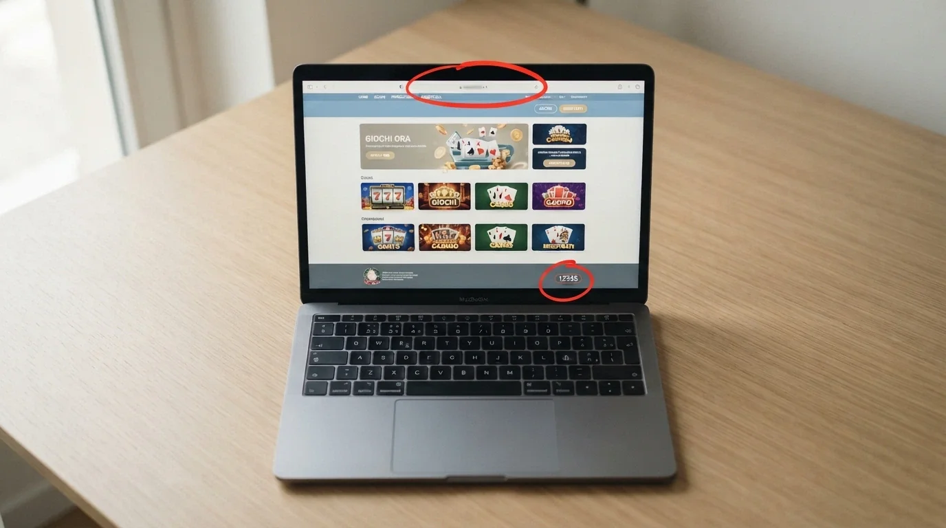 Uno screenshot didattico di una homepage di casinò legale con tre elementi cerchiati in rosso: il dominio .it nella barra degli indirizzi, il logo ADM nel footer, il codice di concessione a cinque cifre