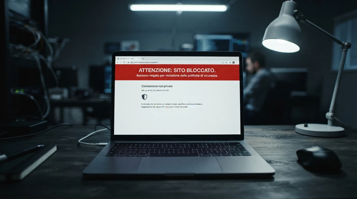 Un computer con un avviso di blocco DNS su un sito di gioco non autorizzato