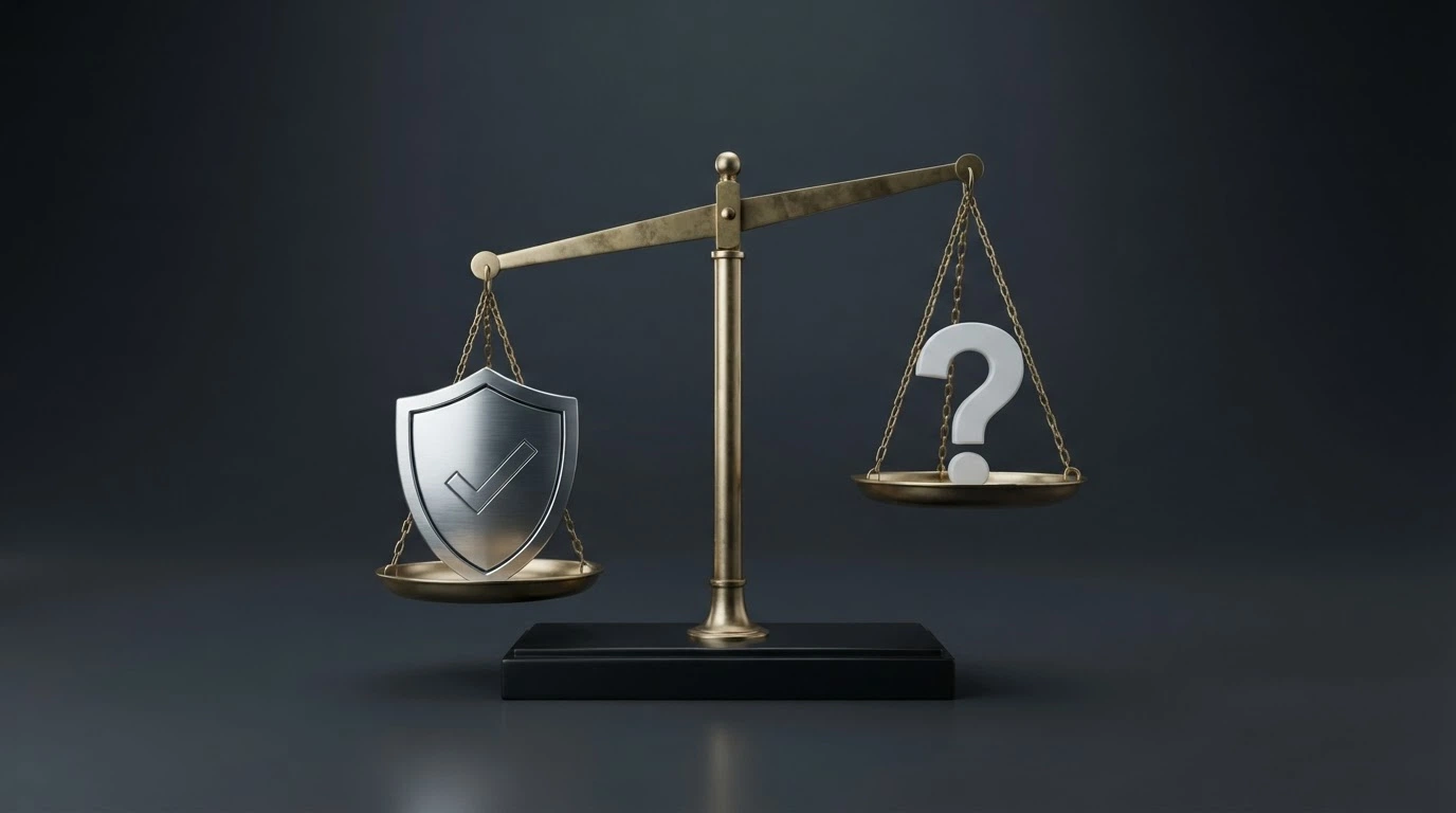 Una bilancia che pende nettamente verso il piatto con l'icona di uno scudo, mentre l'altro piatto porta un punto interrogativo