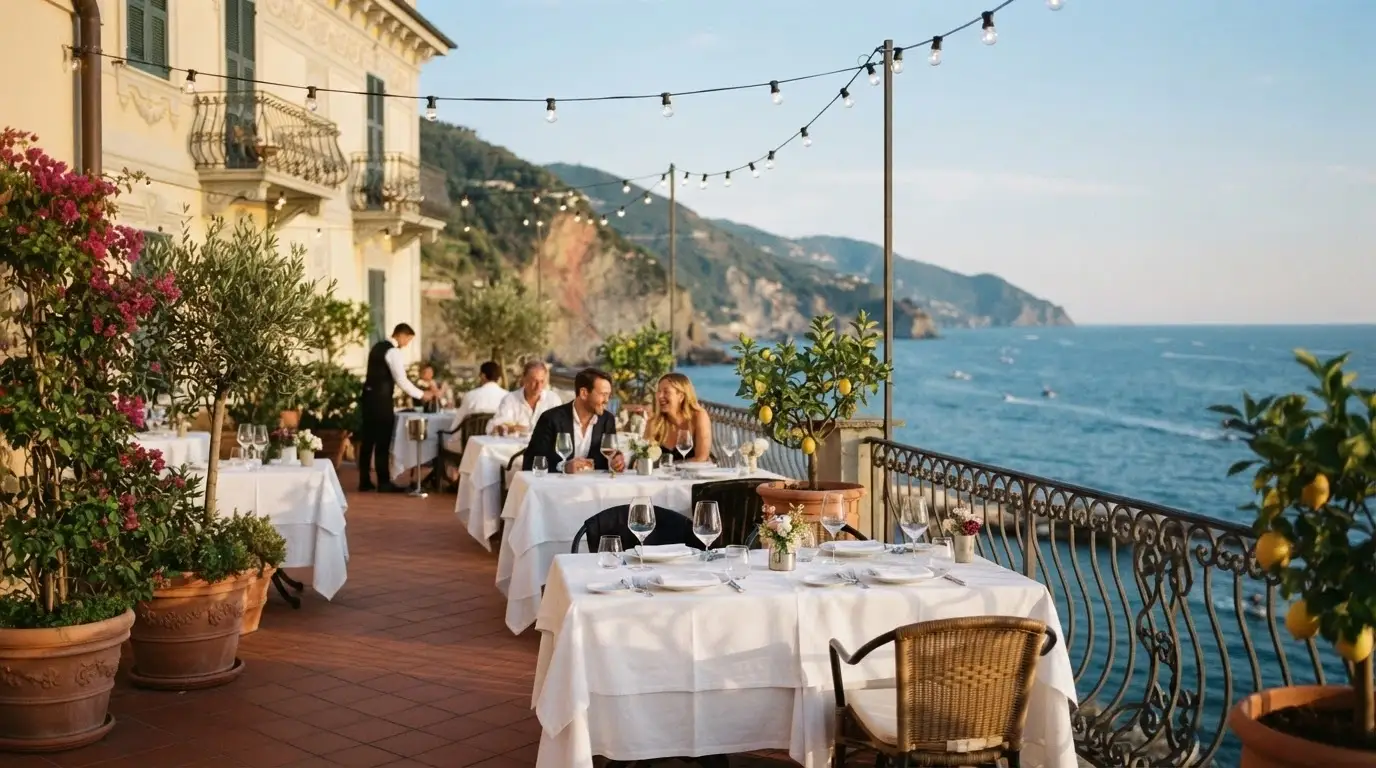 Terrazza del Roof Garden del Casinò di Sanremo con tavoli apparecchiati e vista sul mare ligure
