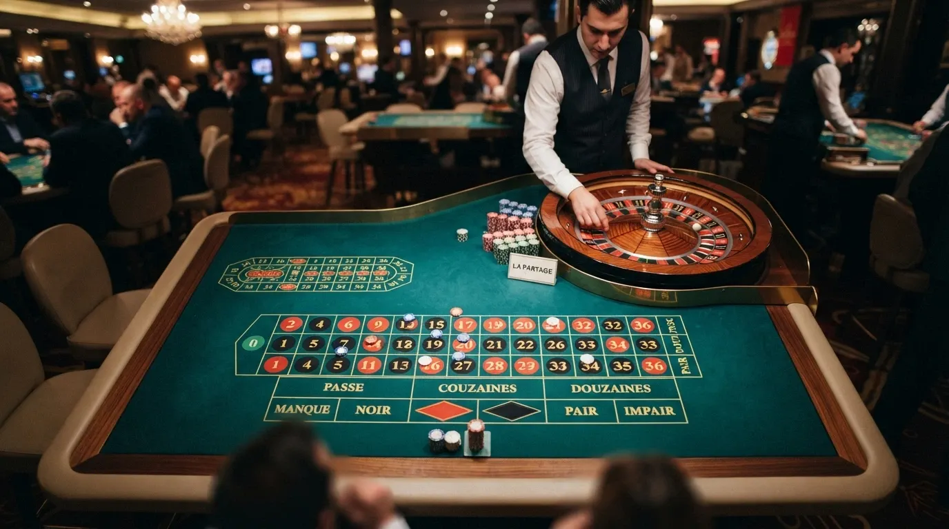 Tavolo da French Roulette con tappeto verde, croupier in divisa e primi piano della placca La Partage