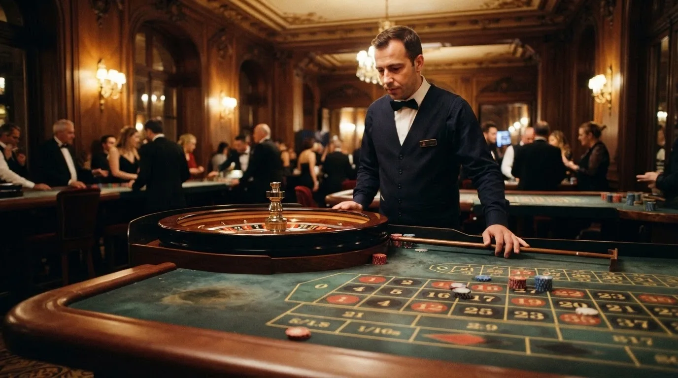 Tavolo della roulette in una sala del Casinò di Sanremo con croupier in divisa e giocatori intorno