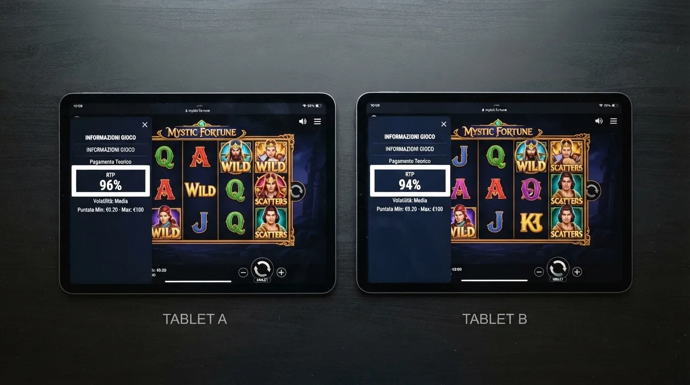 Due schermate affiancate della stessa slot machine con percentuali RTP diverse nei pannelli informativi, a simboleggiare la versione configurata dall'operatore