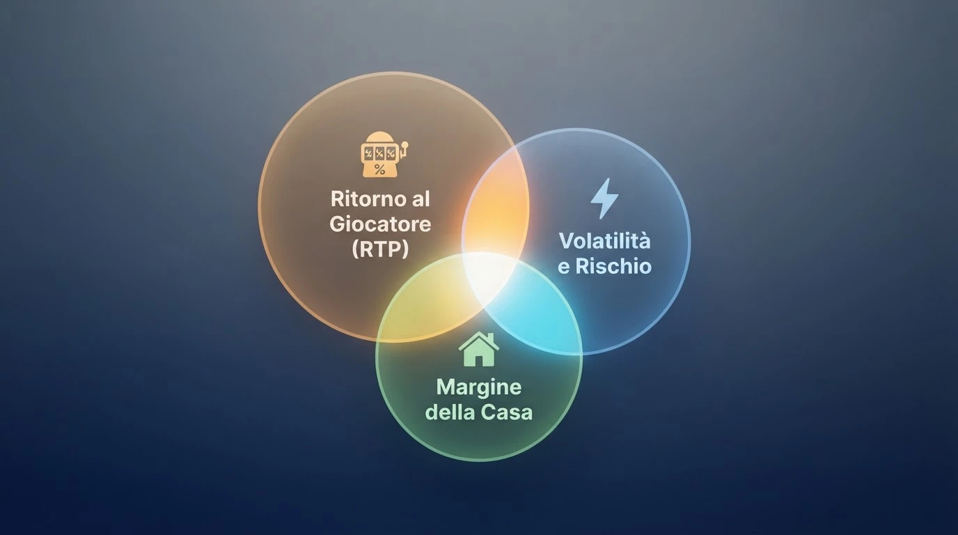 Un diagramma a tre cerchi che illustra la relazione tra RTP, volatilità e margine della casa, con icone che rappresentano vincite frequenti ma piccole e vincite rare ma grandi