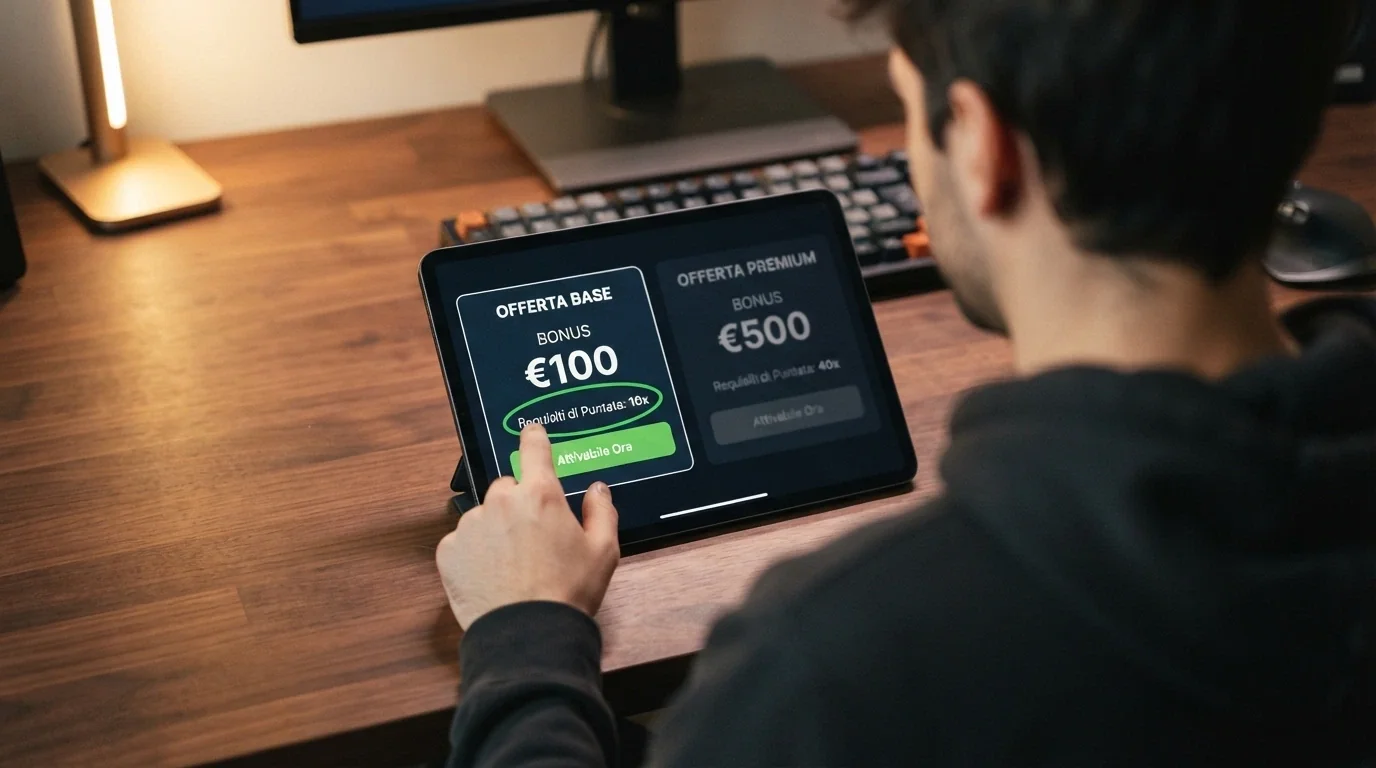 Un primo piano di una mano che confronta due offerte di bonus su uno schermo, con il wagering e la conversione massima cerchiati in verde — l'importo nominale è in secondo piano sfocato