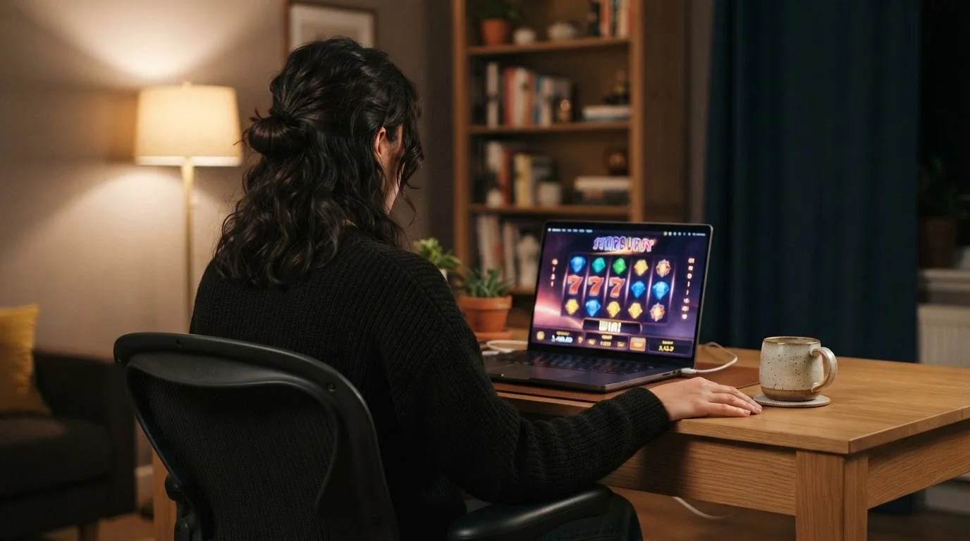 Un giocatore seduto davanti al computer in un ambiente domestico, con lo sguardo rivolto allo schermo in un momento di riflessione