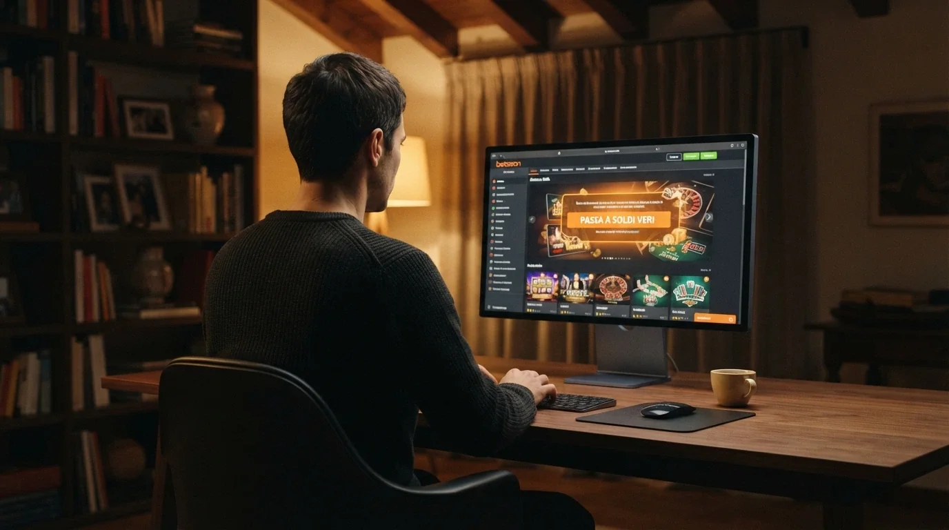 Una persona seduta al computer con un'espressione riflessiva, lo schermo mostra la lobby di un casinò con il pulsante «Passa a Soldi Veri» in evidenza