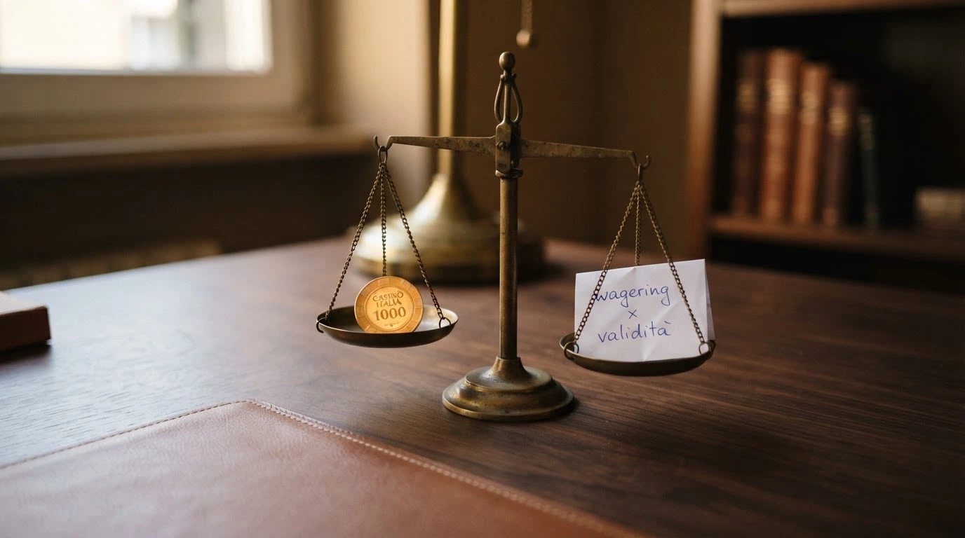 Una bilancia stilizzata che pesa su un piatto un importo bonus e sull'altro un foglio con su scritto «wagering × validità», con il secondo piatto più in basso