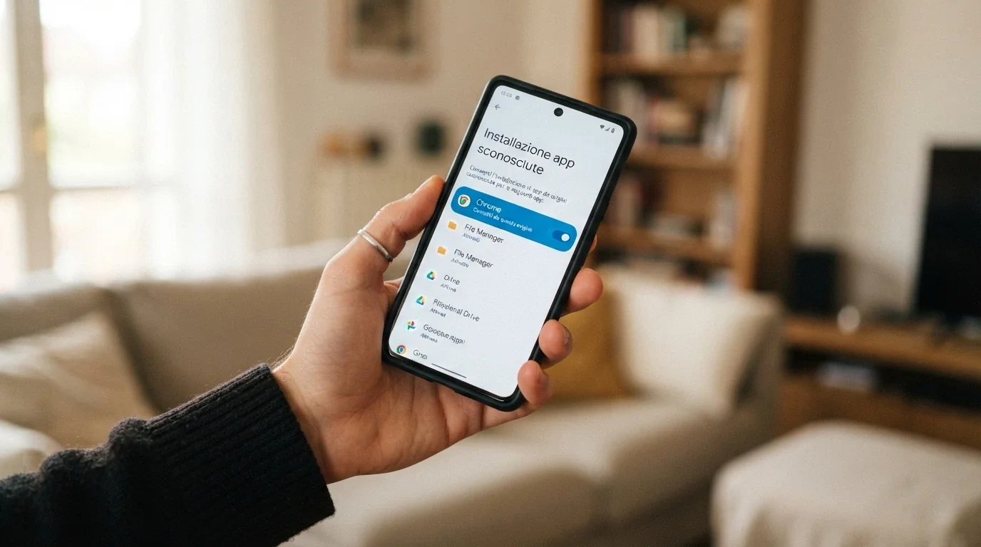 Schermata delle impostazioni di sicurezza Android con l'interruttore per installare app da origini sconosciute
