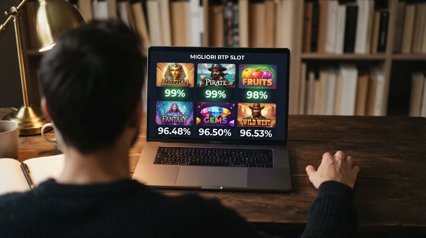 Griglia di slot machine online con le percentuali RTP in evidenza — Mega Joker 99%, Book of 99 99%, Blood Suckers 98% — su sfondo di un casinò ADM